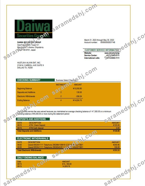 Daiwa Securities Group business bank statement Word and PDF template